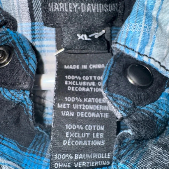 Harley Davidson Garage Snap Button Plaid Shirt Short Sleeve‎ HDMC Blue XL Slim - Picture 6 of 7